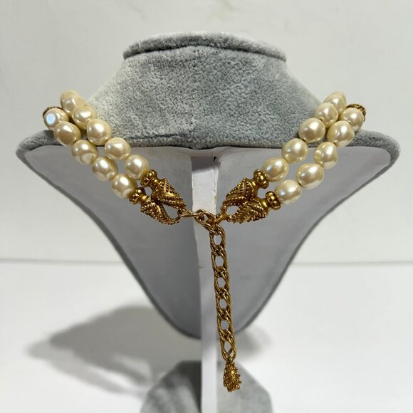 Vintage 1988 FM Double-Strand Faux Pearl Gold Tone Braided Necklace - Picture 6 of 11